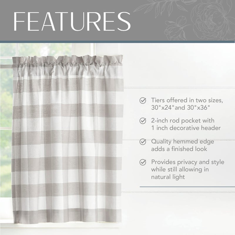 Elrene Home Fashions Farmhouse Living Buffalo-Check Tier Curtain Set for Bathroom or Kitchen Curtains, 30" x 24"(Set of 2 Tiers), Gray/White - Image 3
